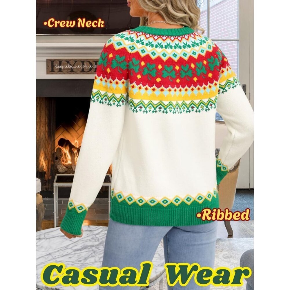 Womens Beige Christmas Sweater Lucky Clover Pattern Chunky Knit Holiday Pull - Picture 4 of 7